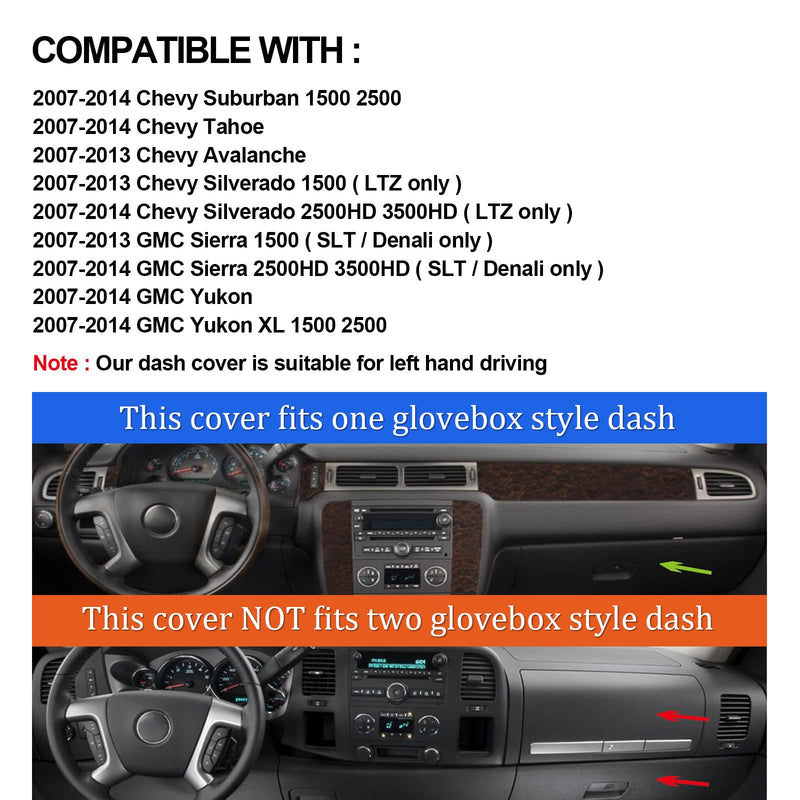 Dashboard Cover for Chevy Chevrolet Suburban/Tahoe 2007-2014,Chevrolet Avalanche Silverado 1500 LTZ 2007-2013,GMC Yukon 2007-2014 Dash Cover Mat(Premium Carpet, Black)