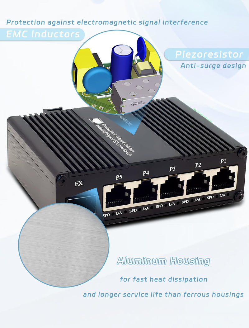 Mini AC Power Supply 5 Port Gigabit Switch with SFP Slot Din Rail Fanless Industrial Unmanaged Ethernet Switch 5*1000Mbps RJ45 Port +1G SFP Fiber Port Support Network Switch AC 85~250V Input AC Power 5-Port Switch