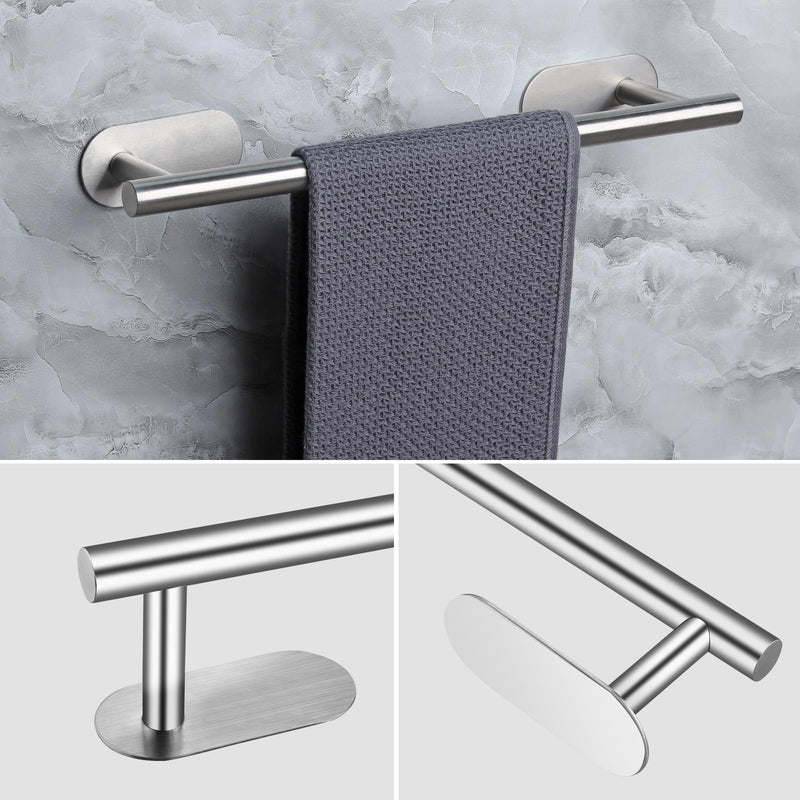 JiGiU Self Adhesive Towel Bar, Bathroom Hardware Set Include 16-Inch Bath Towel Bar,Toilet Paper Holder Towel Ring & 3 Packs Towel Hooks Stainless Steel Wall Mount No Drill Sticky on Towel Holder Kit Silver