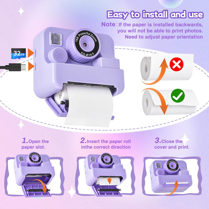 Kids Camera Instant Print, Dual Cameras Photo 1080 HD 2.4 Inch Screen Toddler Print Camera with 3 Prints Paper & 32 G,Christmas Birthday Gifts for Girls Boy 3 4 5 6 7 8 9 1s0 11 12 Year Old Purple