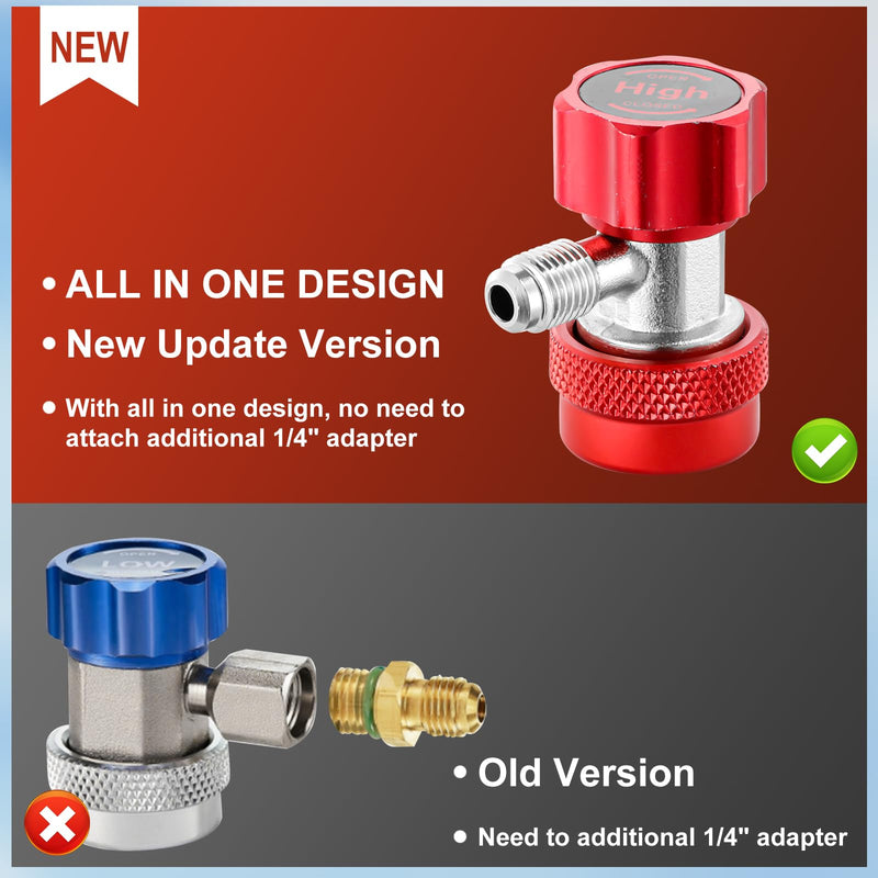 R134A Adapter Quick Coupler, R134A Quick Coupler Adapter, Adjustable R134A Adapters and AC Hose Fittings with 1/4" Flares, for R134A Car AC System Tee Adapter