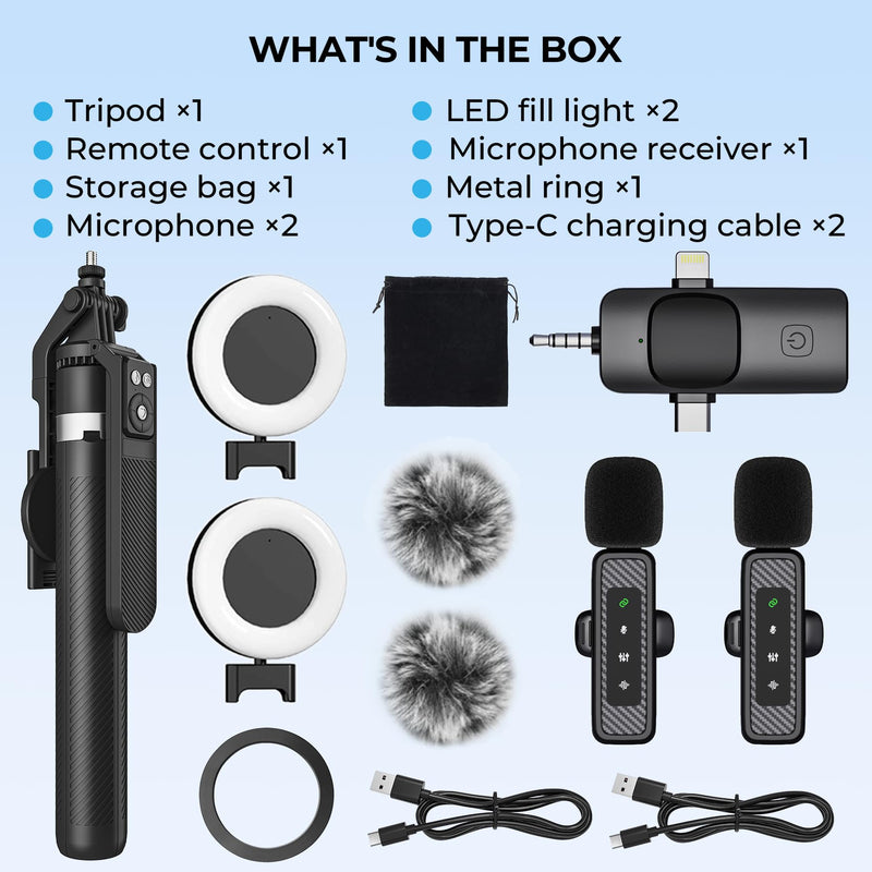 Content Creator Essentials Vlogging Kit, Magnetic Tripod & 2 Lights 2 Mics | 68" Magnetic Tripod for iPhone MagSafe/Android with Remote & 2 in 1 Magnetic Holder for Video Recording/Travel/Vlogging