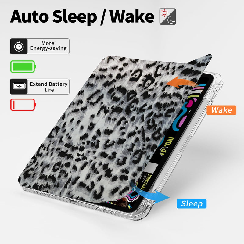 Case for iPad Air 11 Inch M4/M3/M2(2026/2025/2024), iPad Air 5th/4th Generation 2022/2020 10.9" Case, Stable Trifold Stand with Pencil Holder, Shockproof Clear Cover, Grey Leopard