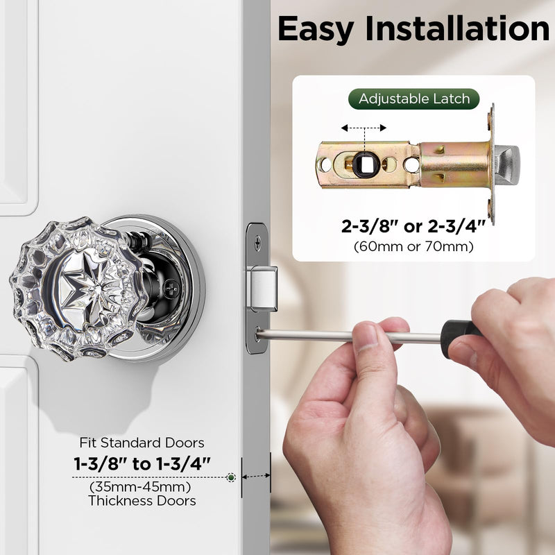1 Pack Crystal Door Knob, Rosette Shaped Glass Door Knobs Interior with Lock, Polished Chrome Door Knobs Interior Glass 1