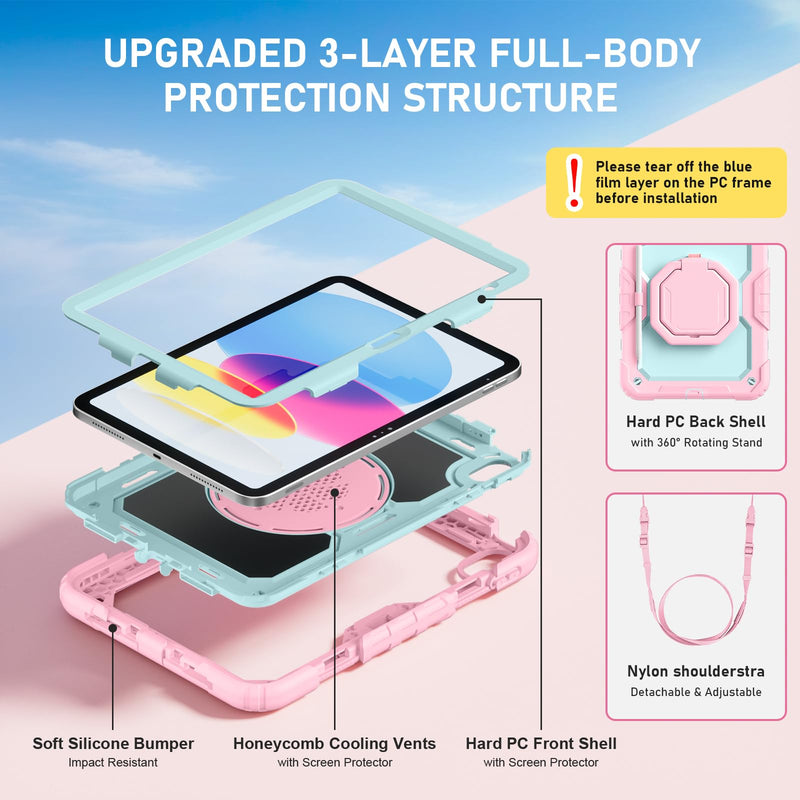 Case for iPad (A16) 11th/10th Generation 11"/10.9" 2025/2022, Pink Mint | Full-body Heavy Duty iPad A16 Case for Adults Kids with Screen Protector, 360° Rotating Stand, Shoulder Strap, Pencil Holder Pink+Mint