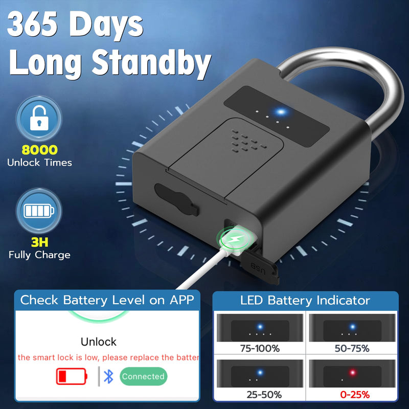 Fingerprint Padlock,Heavy Duty Smart Padlock with Key, Waterproof Bluetooth App Control,Outdoor Gate Lock for Fence, Shed, Storage, Gym Locker