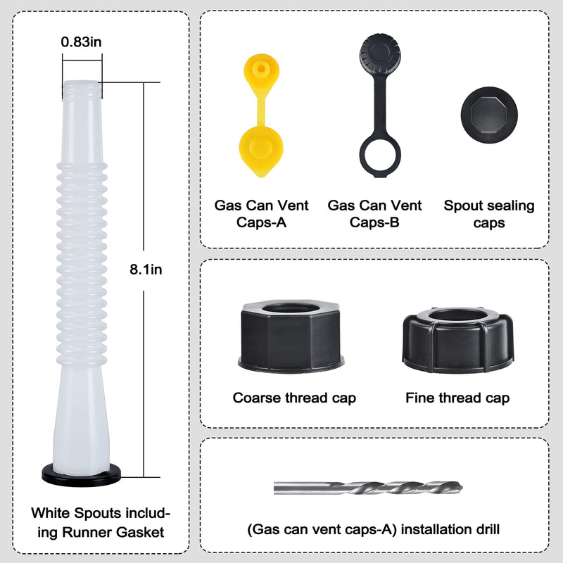 Gas Can Spout Replacement Kit, Gas Can Nozzle Replacement (2 Kit-White) All gaskets are installed and ready to use upon receipt. For 1/2/5/10 gallon gas can. Easy and convenient to use 2 Kit White