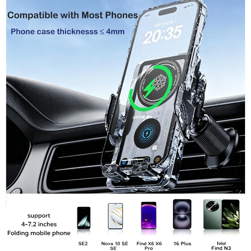 Cooling Charging Car Phone Holder, Smart Car Vent Phone Stand With Induction Auto-Clamping, 15W Wireless Car Charger Mount with RGB Ambient Light, Car Vent Phone Bracket with Cooling Fan for iPhone Black