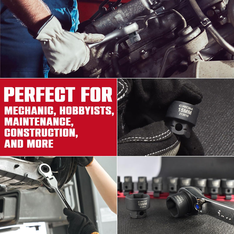 CROM Stubby Impact Socket Set - 14-Piece 3/8" Drive Metric 6-19mm Low Profile Socket Set, CR-MO Steel Nano Shallow Impact, Includes Aluminum Storage Rail (Metric 14 Piece) Metric 14 Piece