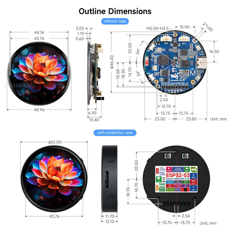 Waveshare ESP32-S3 1.75inch AMOLED Round Touch Display Development Board, 32-bit LX7 Dual-core, 466×466, QSPI, Dual Digital Microphones Array, ESP32 with Display, with GPS
