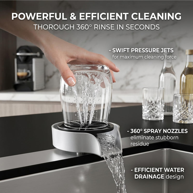 Automatic Glass Rinser for Kitchen Sink, Stainless Steel Cup Washer with G1/2 Thread, Professional Corrosion-Resistant Pressure Glass Washer, ABS Plastic Base Silver