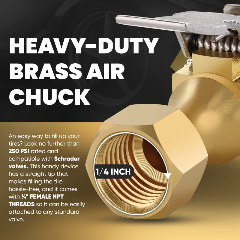 Air Chuck, Closed Flow Heavy-Duty Locking Tire Air Chuck, With Quick Connect, Solid Brass, 1/4 Inch Female NPT Thread, 250 PSI, Fits Most Air Hose, Air Inflators, - 2 in a Pack