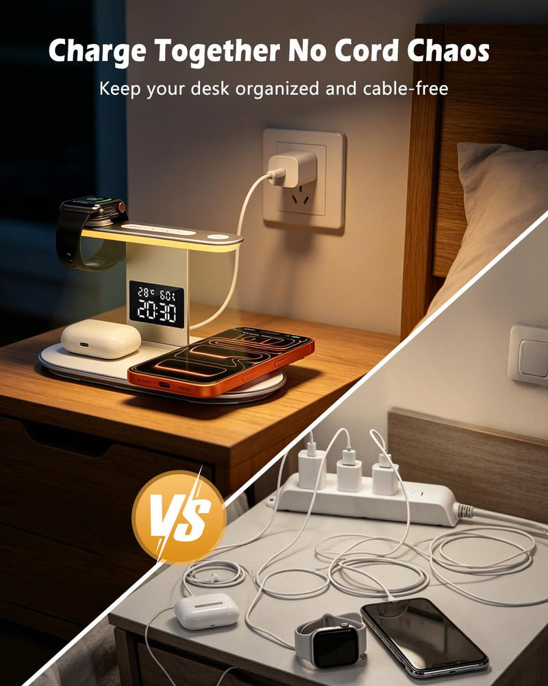 5 in 1 Wireless Charger for iPhone, iWatch, AirPods | 2026 Upgraded Charger Station with Fast Charging Adapter, Bedside Lamp for iPhone 17-12, iWatch 3-11, AirPods, White Silver