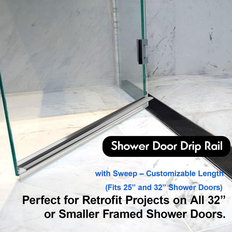 25" Shower Door Bottom Deflector for Chrome Framed Shower Door Drip Rail Replacement with Vinyl Sweep 25 in