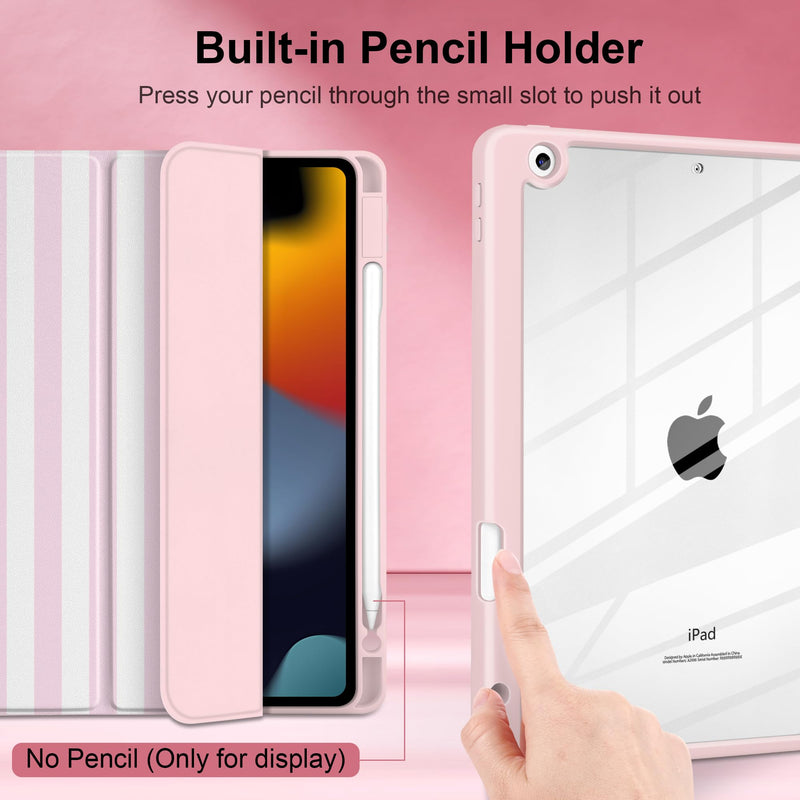 Case for iPad 9th / 8th / 7th Generation 10.2 inch, Pink Stripe | Cute Preppy Coastal Design Aesthetic Pink White Striped Trifold Cover with Soft TPU Bumper, Clear Back, Auto Sleep/Wake Pink white stripes