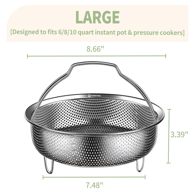 Stainless Steel Steamer Basket with Handle and Glove, ASWETMEL Steamer for Cooking Vegetables, Seafood, Dumplings, Instant Pot Accessories Compatible 6/8/10QT Steamers Basket for Pot, Pressure Cooker, Rice Cooker, Dishwasher Safe Large