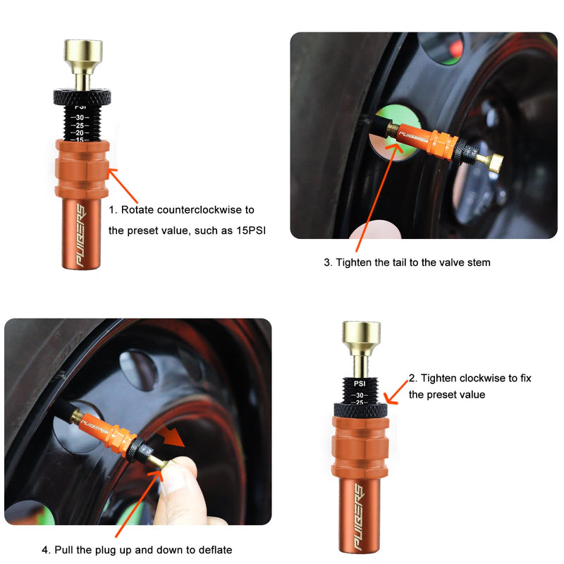 Tire Deflator Adjustable Auto-Stop (0.7-2.1bar/10-30PSI) - Precision Tire Deflators Offroad Accessories 4x4 for Truck, SUV, Motorcycle,Brass Core Tyre Air Down Tool 4PCS