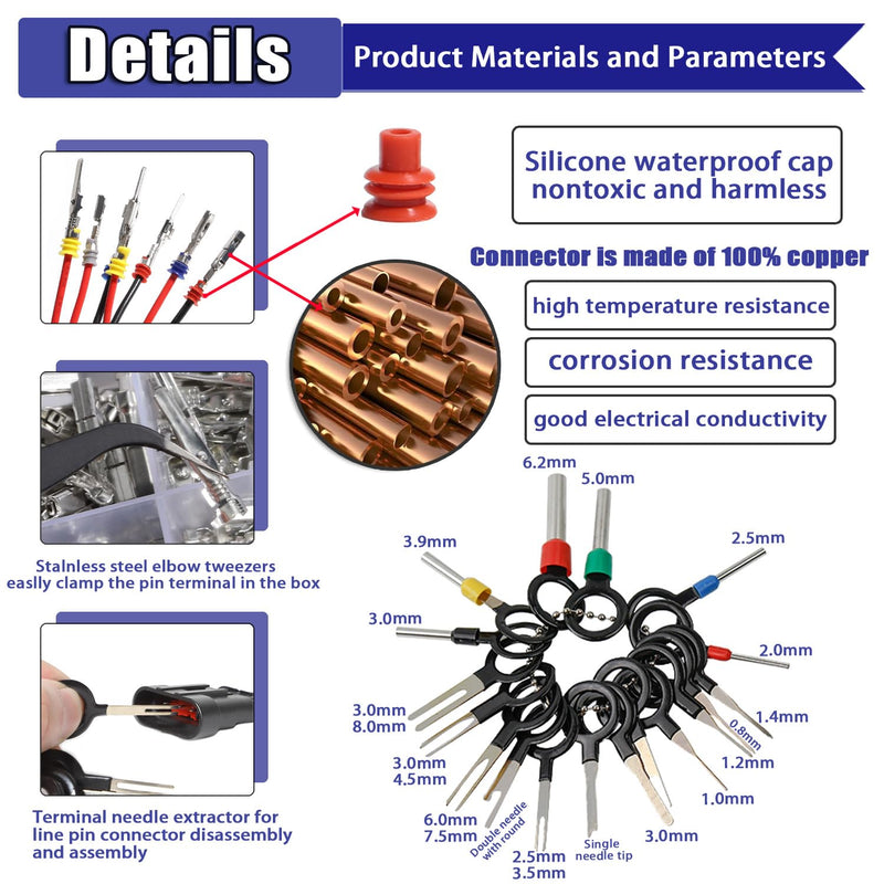 Connector Pins Kit Crimped Terminal Pin Automotive Car Electrical 1/1.5/1.8/2.2/2.3/2.5/2.8/3.5mm Male&Female Wire Seals Removal Tool kit Motorcycle ATV Wire Non-Insulated Plug Crimp Set 950pcs