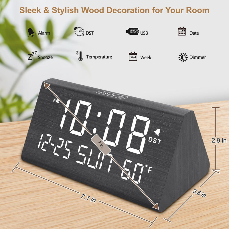 DreamSky Digital Alarm Clocks for Bedrooms - Wooden Desk Clock with Date, Day of Week, USB Port, Temperature, Dimmer for Bedside Table, Living Room, Office, Adjustable Volume, Auto DST, Wood Decor Black - Date & Day