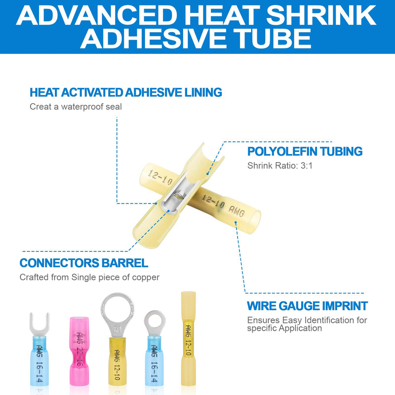 270PCS Marine Grade Heat Shrink Wire Connectors, AWG 22-10 Electrical Eyelet Kit, Waterproof Eyelet Connectors Incl. Ring Fork Spade Butt Splices Hook Crimp Terminals