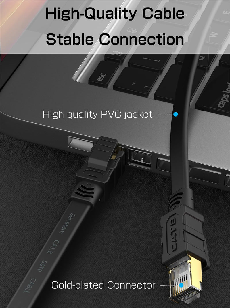 Senetem Cat 8 Ethernet Cable 100FT, High Speed 40Gbps 2000Mhz Flat Internet Network Patch Cord, RJ45 Shielded Outdoor&Indoor LAN Cable, Compatible for Gaming, PC, PS5/4/3, Xbox, Modem, Router Black 1