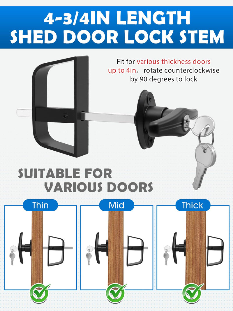 Shed Door T-Handle Lock Latch Kit with 4 Keys, Shed Barn Coop Storage Door T-Lock Set, Adjustable 4-3/4" Stem, Heavy-Duty Zinc Alloy, Black Powder Coated Left Lock - 1pack Lock 4-3/4"
