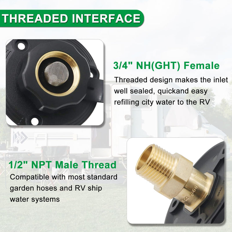 RV City Water Inlet Connection with Brass Threaded Check Valve and Dustproof Cover Leak-Proof Inlet Hose Adapter for Fresh Water Fill Compatible with Camper Trailer Motorhome Marine (Black S) Small-black