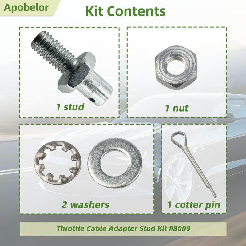 Upgraded Throttle Cable Adapter Stud Kit #8009 Compatible with 1977-later Chevrolet Steel,10-32 x 3/8 Thread,Includes Stud, Nut, Washers, Cotter Pin