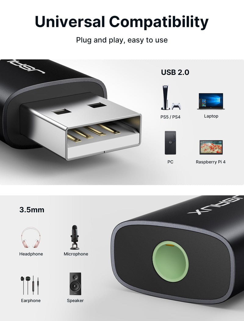 JSAUX 2 Pack USB to 3.5mm Jack Audio Adapter - External Stereo Sound Card for PS4, PS5, Headphones, Mac, Linux, Laptops, Desktops - Black Audio Jack Adapter