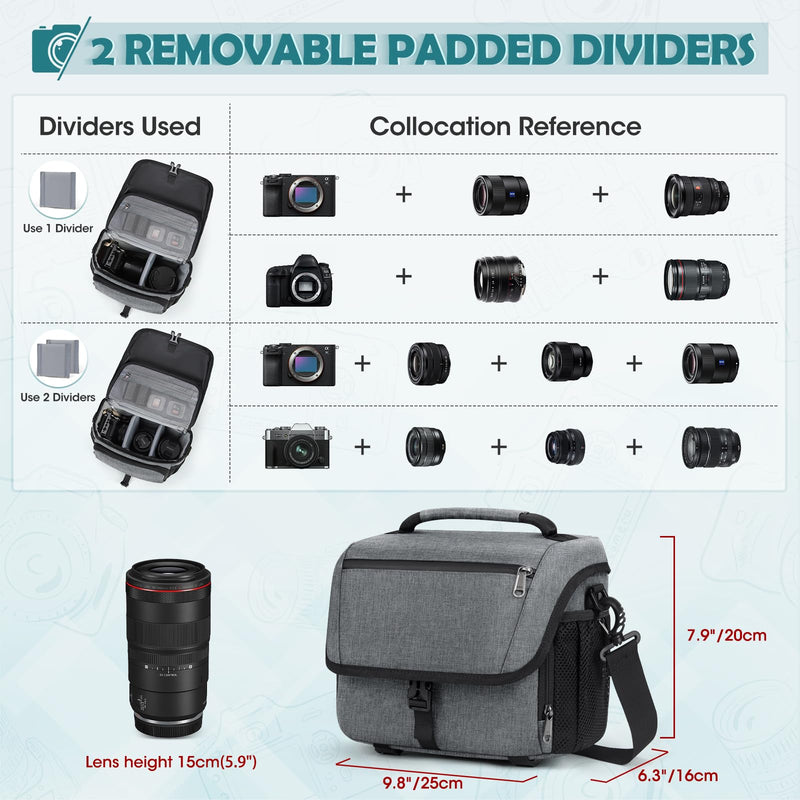 RAINSMORE Camera Bag, DSLR SLR Mirrorless Camera Case for Photographer | Waterproof Camera Sling Bag with Rain Cover & Tripod Holder Soft Padded Crossbody Camera Bag for Sony Canon Nikon Fujifilm Grey M