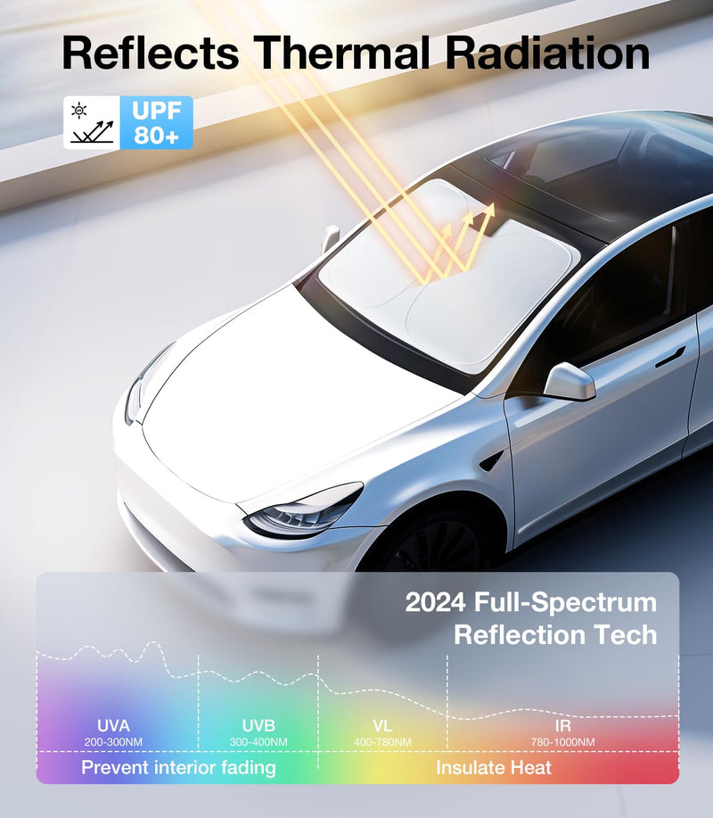 2024 Upgraded Tesla Model Y Windshield Sunshade [OEM Design, 100% Sun Blockage] Foldable Heat Insulation Sunshade with Storage Bag, for Model Y 2016~2025 Model Y (2016-2025)