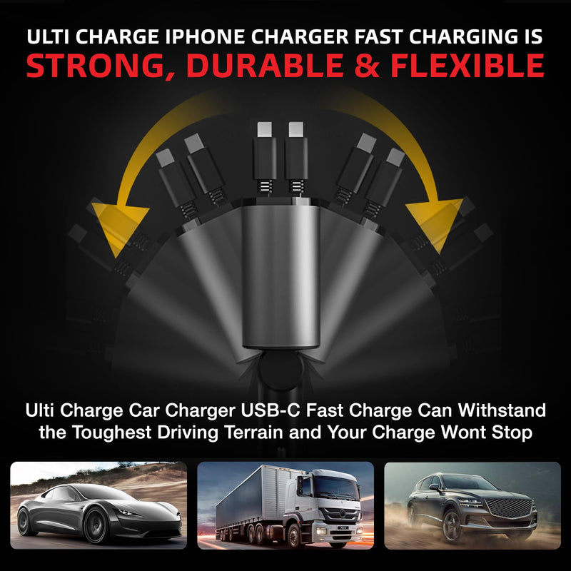 Ulti Charge Car Phone Charger 120W Fast Charging Retractable Cigarette Lighter USB C Charger, 4‑Port USB‑C & USB‑A Dual USBC Charging Block for iPhone, Galaxy, Tablets, Laptops Retractable USBC x2