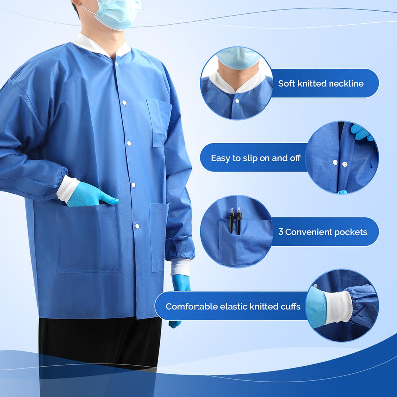 JMU 10-100 Pack Disposable Lab Jackets, SMS Disposable Medical Jackets for Adult, Knit Cuffs Collar, 3 Pockets Medium Dark Blue