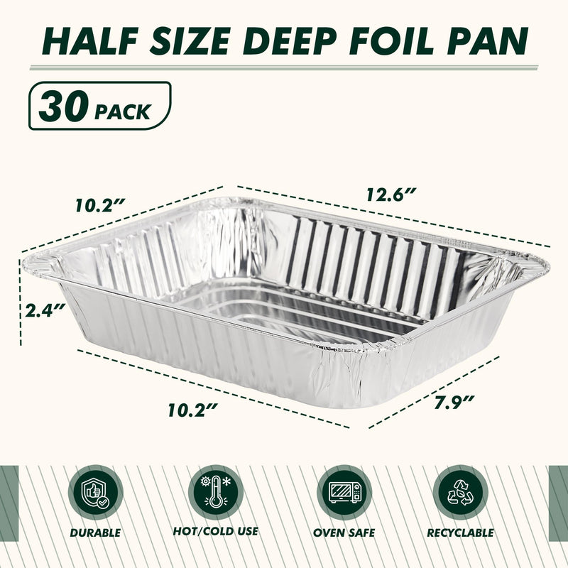 9x13 Aluminum Foil Pans 30 Pack, Disposable Half Size Deep Steam Foil Pans for Cooking, Roasting Turkey, Baking, Meal Prep, Parties & Food Prepping - Thanksgiving, Christmas, Parties, Catering