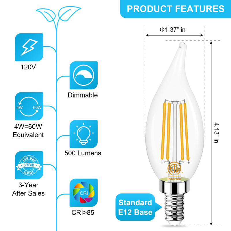 E12 Candelabra LED Bulb 60W Equivalent, Dimmable 3000K Warm White, Flame Tip, 4W, 500LM, 120V, CRI 85, for Chandelier, 10 Pack 10 Count (Pack of 1)