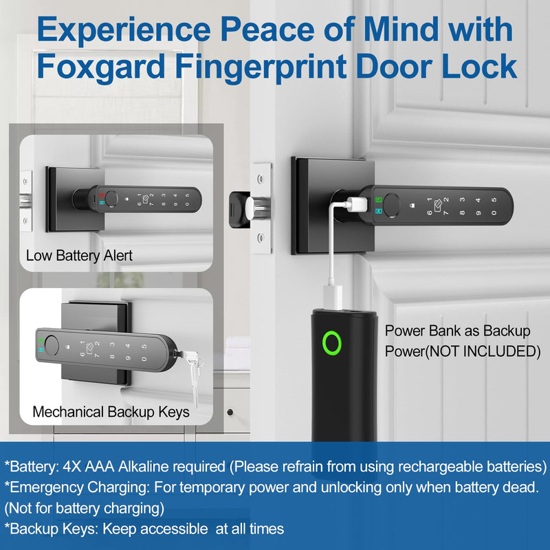 Foxgard Smart Fingerprint Door Lock:Fingerprint Door Knob-Biometric 5-in-1 Finger Print Door Lock-Thumb Print Door Knob for Bedroom-APP Control-Easy Installation–Square Black–1 Pack Modern