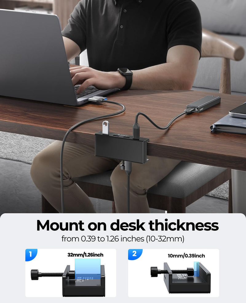 ORICO USB Hub 3.0, Clamp USB Hub with Extra Power Supply Port, Aluminum 4-Port USB Adapter with 3 USB-A Data Ports, USB-C Port for Monitors, Desks (Black) Black