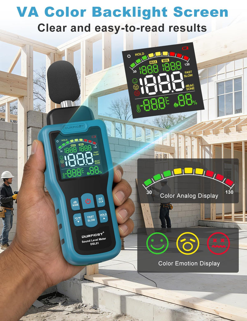 Decibel Meter, DURFICST Sound Level Meter 30-130dB, SPL Meter with Temperature & Humidity, A/C Weighted DB Meter with dB/SONE, Fast/Slow, MAX/MIN, for Home, Office, Factory, Neighbor Noise