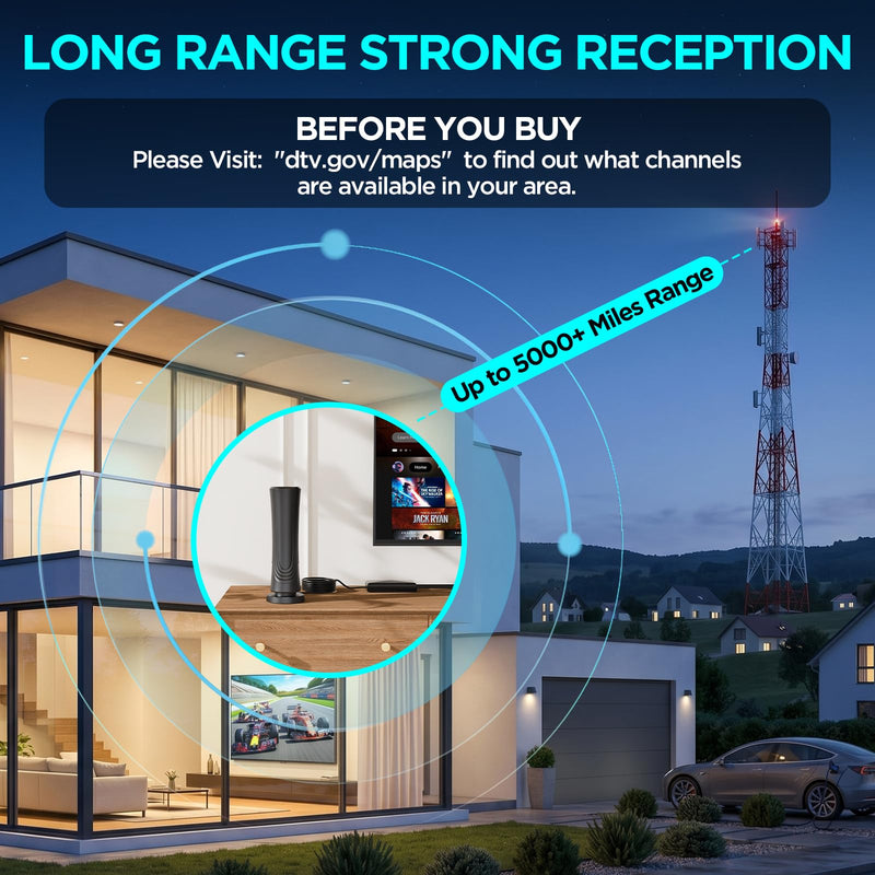 2026 TV Antenna for Smart TV Indoor 5000+ Miles Range-36FT Coaxial Cable | TV Antenna for Local Channels,Digital TV Antenna with Signal Booster Support 4K 8K 1080P All TVs-HDTV Antennas Easy Install Black