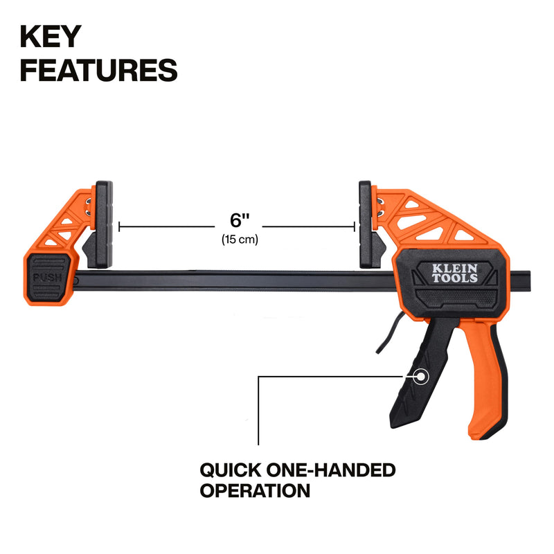 Klein Tools 47550 Bar Clamp, Speed-Klamp 6-Inch, Clamp / Spreader 2-Pack, 150-Pound Clamping Force, One-Handed-Operation for Woodworking and Metal Projects 6-Inch, 2-Pack