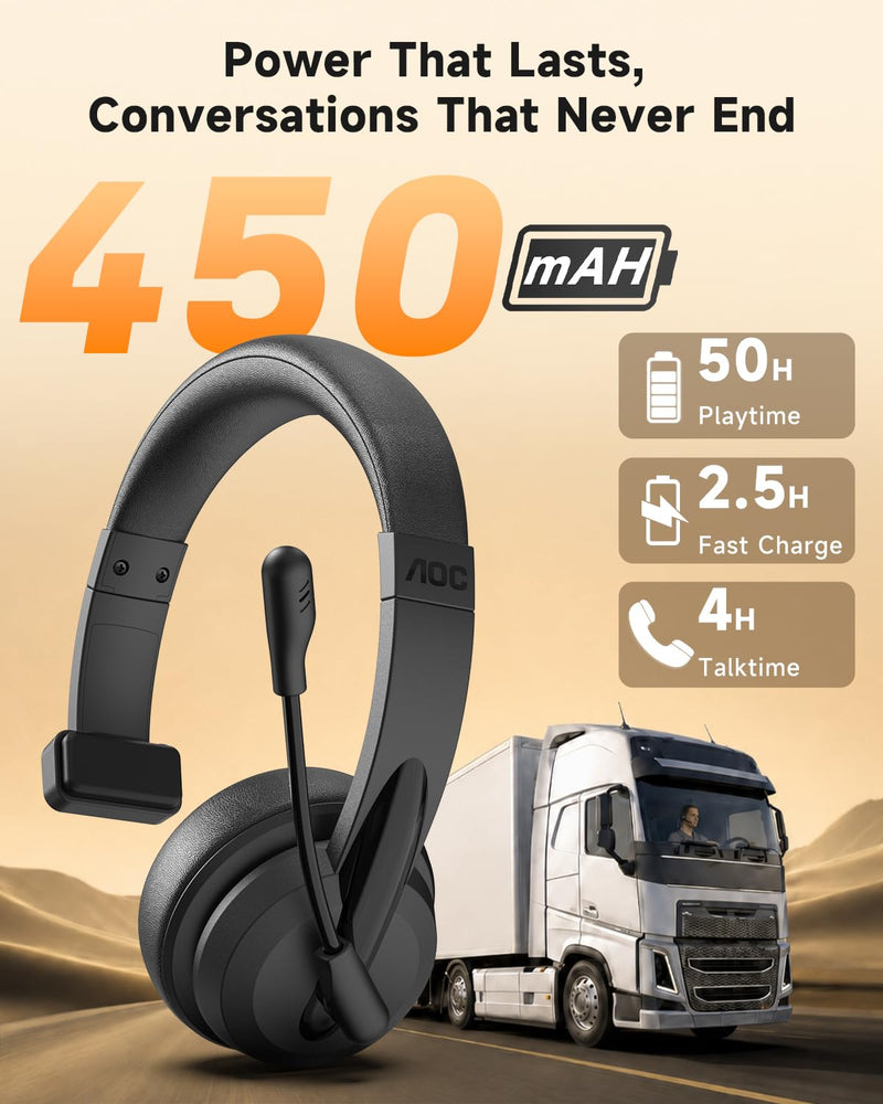 AOC Wireless Headset with Microphone for Work, AI ENC Noise Cancelling Bluetooth 6.0 Headset, 45H Playtime Mono Office Headset with 2.4G Dongle BLACK