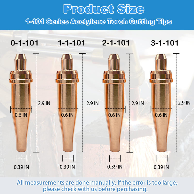 1-101 Series Acetylene Cutting Torch Tips Size 0-3, Fit for victor Style Heavy Duty Torch: CA 2460-90° etc, Include 0-1-101, 1-1-101, 2-1-101, 3-1-101, 4 Pack 1-101 Series: 0-1-101, 1-1-101, 2-1-101, 3-1-101