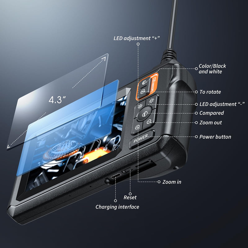 Endoscope Camera with Light, Inspection Borescope Camera with 4.3" IPS Screen, 1920P HD with 8 LED Lights, 16.6FT Semi-Rigid Cord Bore Scope, IP67 Waterproof Endoscope for Sewer, Tools(Orange) 16.6FT Single Lens