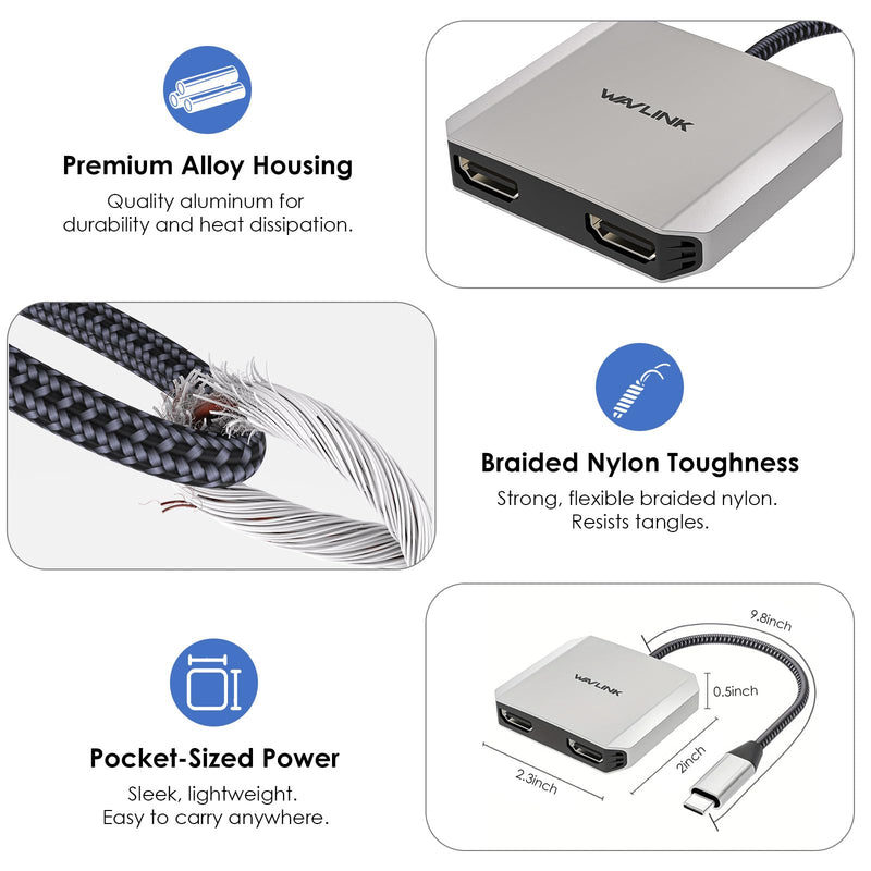 WAVLINK HDMI Splitter for Dual Monitors, Dual Display for Windows ONLY | 4K@60Hz Dual Display, 95W PD IN,Compatible with Dell XPS, HP Spectre, Lenovo Yoga, Windows Systerm ONLY
