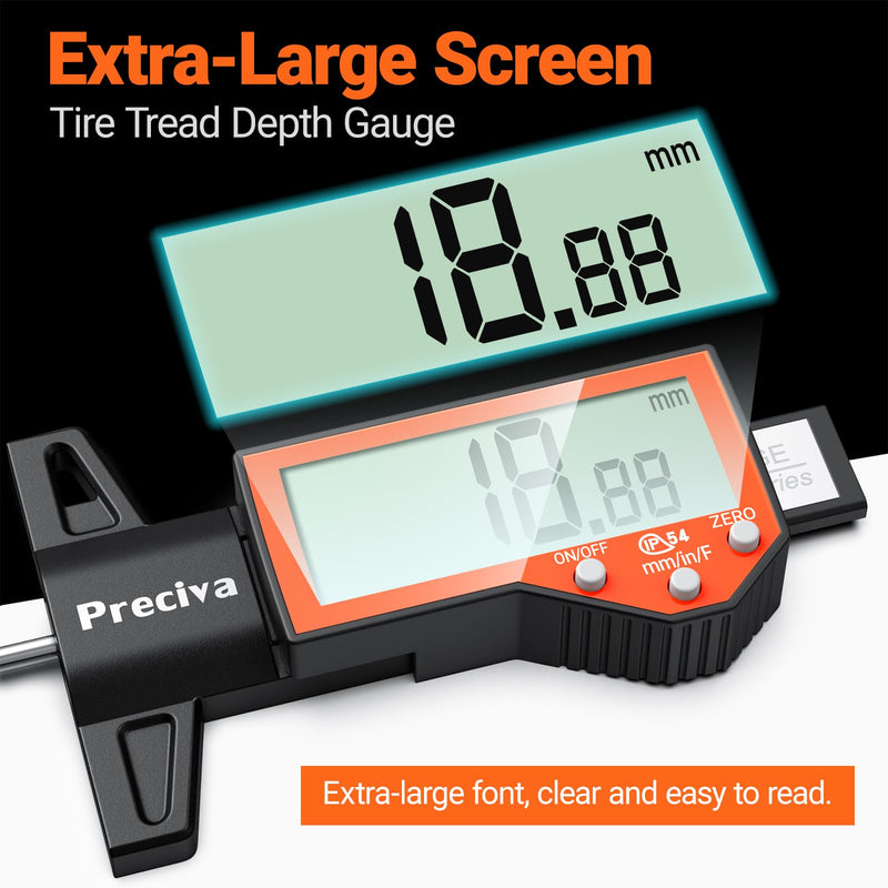 Preciva Tire Tread Depth Gauge, Digital Tire Depth Gauge with Large LCD Display and Inches, Millimeters, Fraction Conversion, Tread Depth Gauge Suitable for Thread Depth, Brake Shoe and Pad Wear Orange