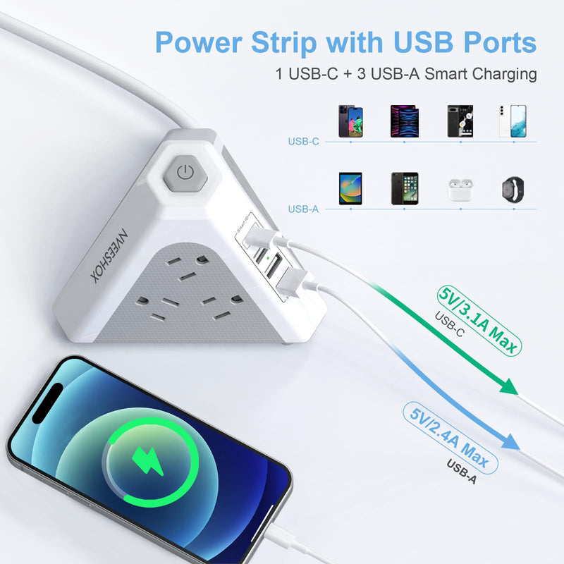 Tower Surge Protector Power Strip, NVEESHOX 9 AC Outlets with 4 USB Ports (1 USB C )3-Side Triangle Outlets with USB Ports,6.5 Ft,Flat Plug, Charging Station with Surge Protection,for Home Office Dorm White-Gray