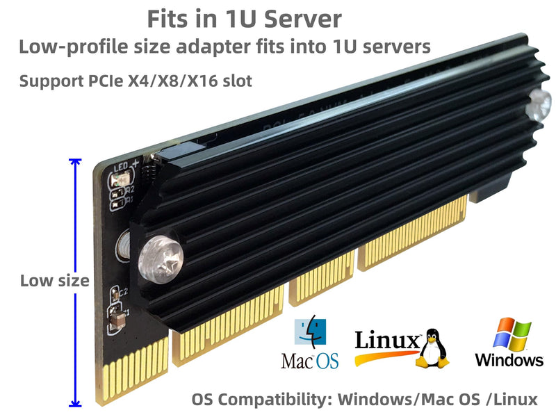 PCIe 5.0 M.2 NVMe Adapter Expansion Card for PCIe5 Gen5 SSD, Backward Compatible with PCIe 4.0/3.0/2.0/Gen4/Gen3, Fits in 1U Server. (X16) X16