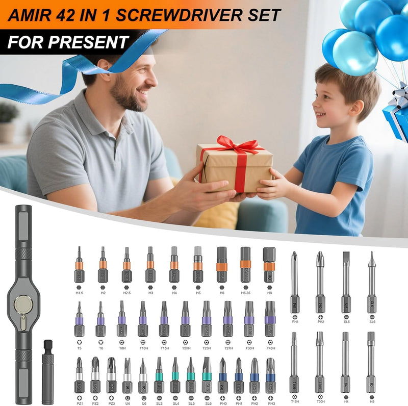 AMIR 42 in 1 Magnetic Screwdriver Set, Ratchet Screwdriver Set with Multi Bit, DIY Repair Tool Kit with Versatile T Handle for Furniture, Computer, Bicycle, Electronic Repair Orange