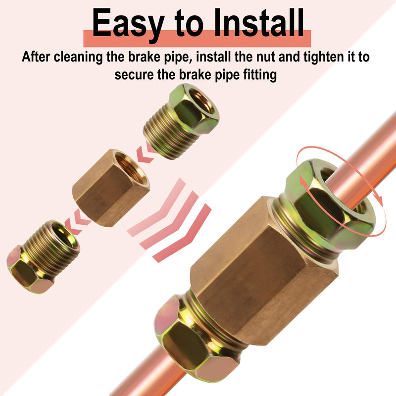 1/4 Brake Line Pressure Fittings, 12 Pieces 7/16 Inch-24 Threads Brass Brake Line Fitting Assortment for 1/4 Inch Brake Line Tube (4 Unions, 8 Nuts)