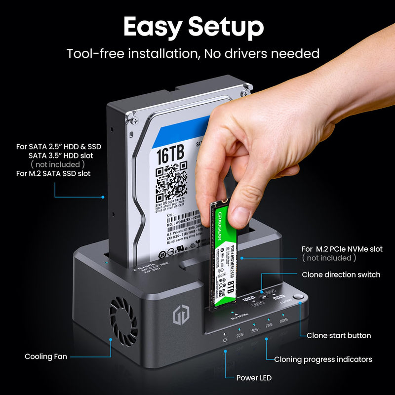 GRAUGEAR M.2 NVMe & SATA HDD Hard Drive Docking Station, USB-C 10Gbps NVMe Reader, SATA to NVMe M.2 Cloner, 3.5/2.5 inch SATA SSD Enclosure Clone Station, Dual Bay Offline Clone